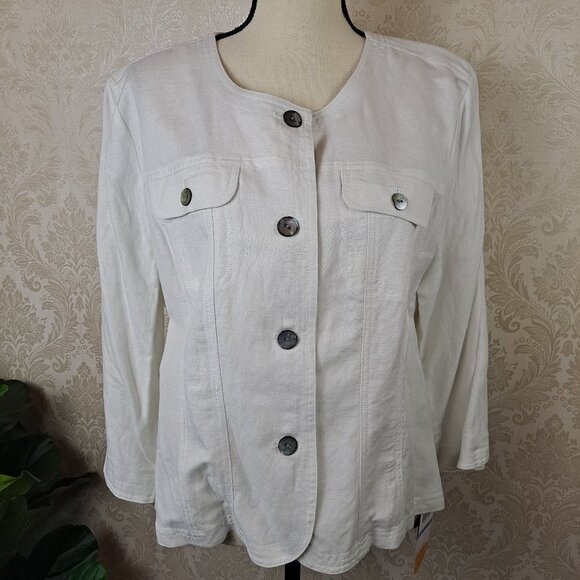 Ruby Rd Size 18 White Linen Blend Button Front Jacket 3/4 Sleeves Round Neck NWT - Picture 1 of 15